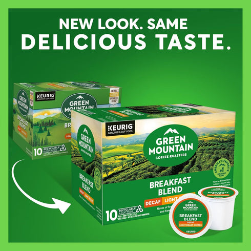 60 Count, (6 Packs 10) Green Mountain Coffee Roasters Breakfast Blend Decaf, Keurig Single Serve K-Cup Pods, Light