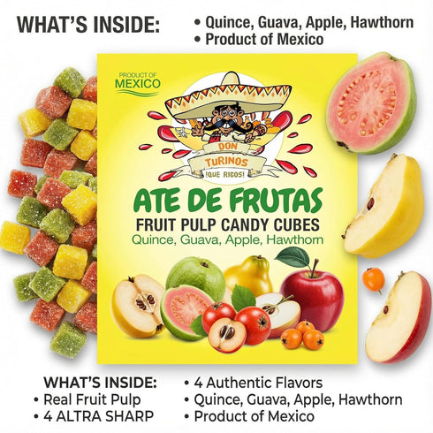 Mexican Candy Fruit Cubes - Ate de Frutas with Guava, Quince, Apple, Hawthorn, Authentic Fruit Pulp Candy, Gluten-Free