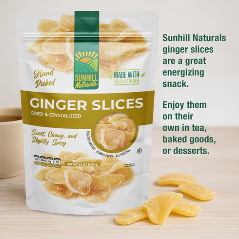 Sunhill Naturals Crystalized Ginger Slices, Dried Slices with Natural Sweetness, Premium Ginger Pieces, Sweet & Spicy