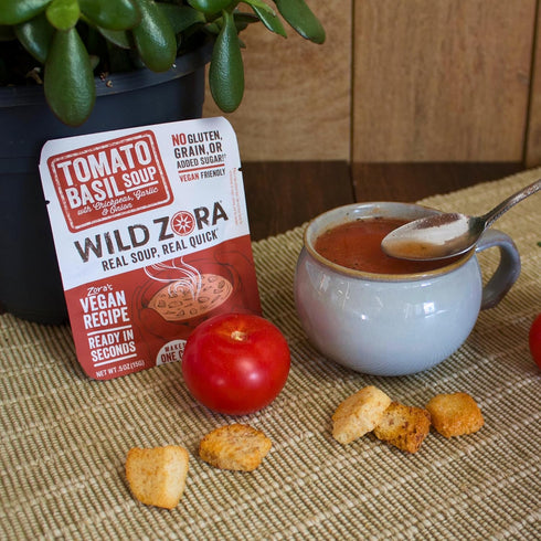 8-pack 0.5oz/13g Wild Zora Instant Keto-Friendly Soups Tomato Basil Broth Made with Chickpeas, Garlic, Onion