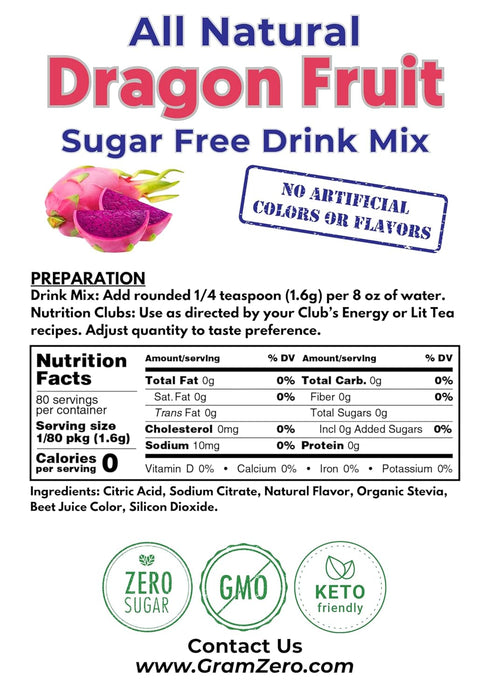 GramZero All Natural Dragon Fruit Zero Calorie Sugar Free Drink Mix, Great For Nutrition Club Loaded Tea, Stevia