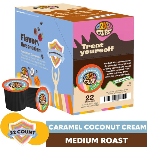 Crazy Cups Decaf Flavored Coffee Pods, Decaffeinated Coconut Caramelicious, Single Serve for Keurig K Cups, 22 Count