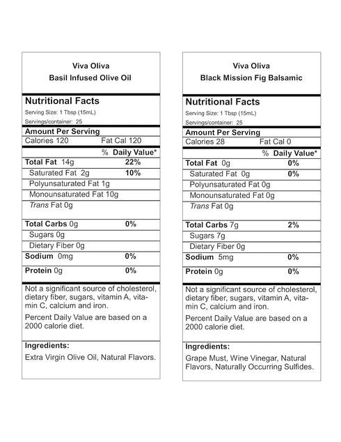 Viva Oliva 375ml (12.7oz) Set 100% Two Variety Gift - Basil Infused Olive Oil & Black Mission Fig Balsamic Vinegar