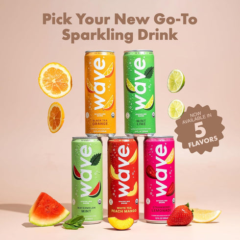|12 Pack WAVE Organic Sparkling Drink | Low Calorie Drink, Strawberry Lemonade Lightly Carbonated | Great Natural Soda