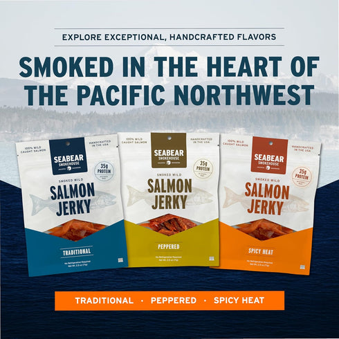 2-Pack 2.5 oz (Pack 2) SeaBear Spicy Heat Wild King Salmon Jerky Smoked Salmon Jerky, Wild-Caught Alaskan Salmon
