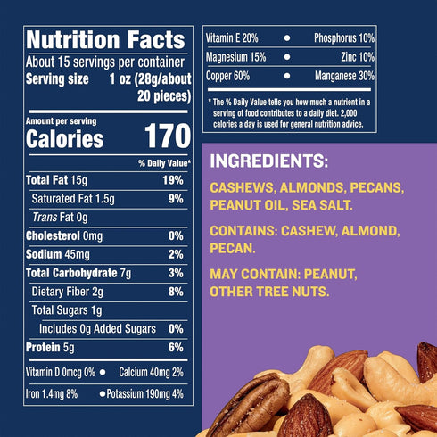 15.25 oz PLANTERS Select Cashews, Almonds & Pecans, Resealable Container - Salted Nuts - Kosher