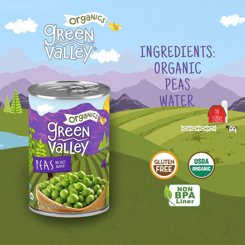 15 oz (Pack 4) Green Valley Organics Peas | Certified Organic | Deliciously Succulent, Creamy Sweet | can