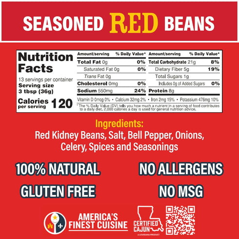16 oz Pack, Pack 2, Ragin' Cajun Seasoned Red Beans - of Fat-Free, Gluten-Free, Reduced Sodium - Authentic Louisiana