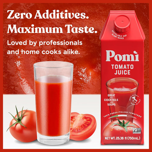 25.36 oz (Pack 6) 100% Pom Tomato Juice fl of - Made from Fresh Italian Pomi Tomatoes - Low Sodium Tomato Juice