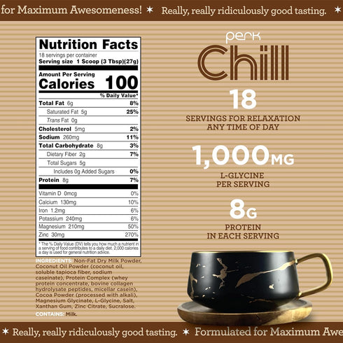 18 Perk Chill Drink Mix (Dutch Hot Cocoa) Servings Calming Melatonin-Free Nighttime Sleep Aid Support with Magnesium