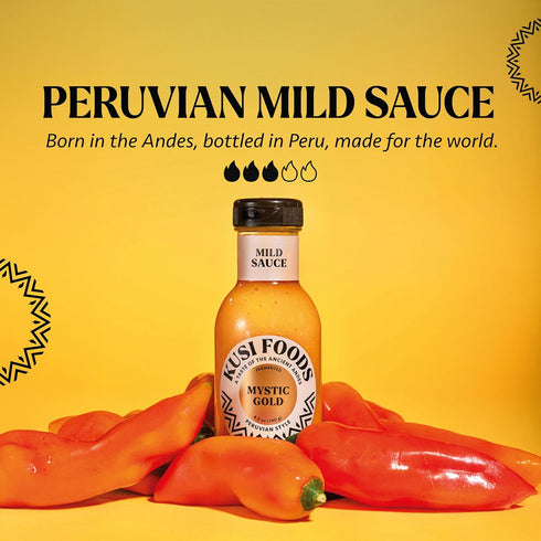 50 8.5 oz Kusi Foods MYSTIC GOLD Peruvian Mild Hot Sauce, Made with Yellow Chili Peppers, Banana and Aji Charapita