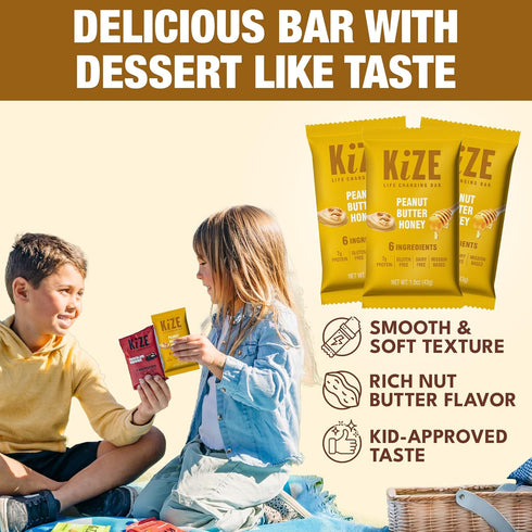 7g (10 Count) KiZE Energy Bars - Peanut Butter Honey - Gluten Free, Dairy Free, Non-GMO, and High Protein Meal