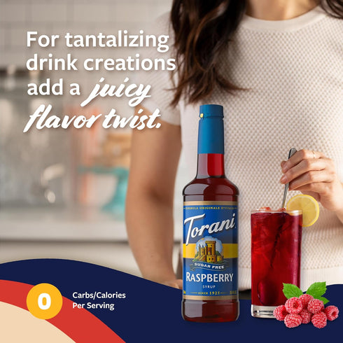 25.4 Oz Torani Sugar Free Syrup, Raspberry Flavored Syrup for Drinks, Zero Calorie, Pump Included, Fl