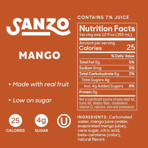 12oz, 6 Pack Sanzo Flavored Sparkling Water - Mango Seltzer - Low Calorie Low Sugar - Craft Asian Drinks - Vegan Gluten