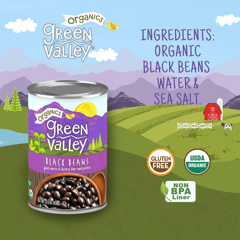 15.5 oz (Pack 4) Green Valley Organics Black Beans | Certified Organic | Deliciously Tender, Creamy & Mild | Deep Dark