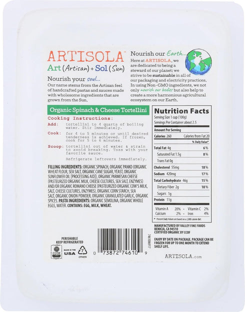 Artisola 8 OZ Organic Spinach and Cheese Tortellini