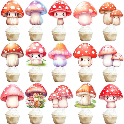 iPartyFun 48Pcs Mushroom Theme Cupcake Toppers mushroom Birthday Party Decorations Woodland Cake Topper