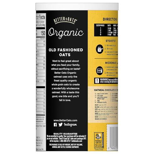 Better Oats 16 OZ Organic Old Fashioned Oats, Organic Rolled Oats for Overnight Oats, Hot Cereal, and Other Homemade