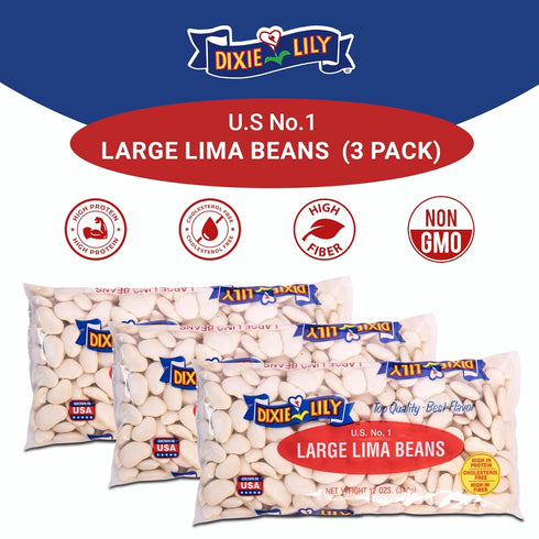 12oz, 3 Pack Dixie Lily - Large Lima Beans - Dried Beans for Cooking, Quick Soak & Slow Cooker Options, Non-GMO, Great
