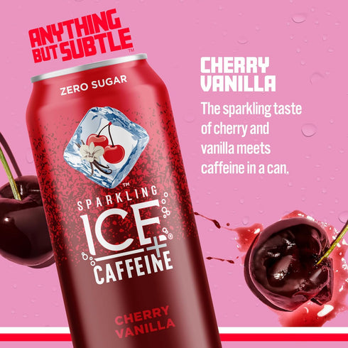 Sparkling ICE (Pack 12, 16 oz +Caffeine Cherry Vanilla and Strawberry Citrus Sparkling Water with Caffeine, Zero Sugar