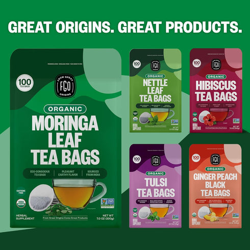 FGO Organic Moringa Tea, 100 Count, Eco-Conscious Resealable Bag, Caffeine Free (Pack of 1)