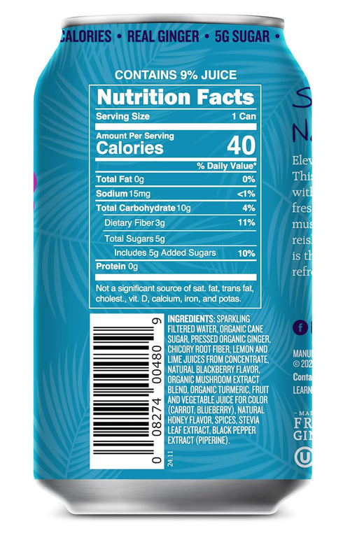 12oz 12-Pack Reed's Berry Bubbly Functional Soda - Organic Ginger, Adaptogen Mushroom Blend, Prebiotics - Cans