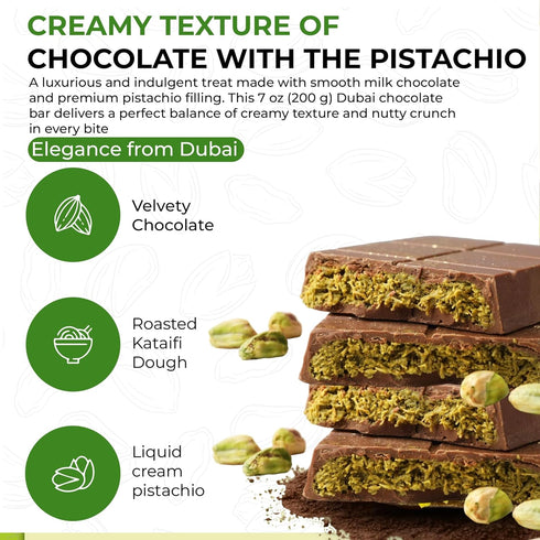 7oz, Chobella Dubai Chocolate Bar Pistachio, Premium Dubai Chocolate Bar with Pistachio Cream and Kataifi, Viral Candy