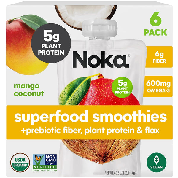 Noka Superfood Fruit Smoothie Pouches, Mango Coconut, Healthy Snacks with Flax Seed,