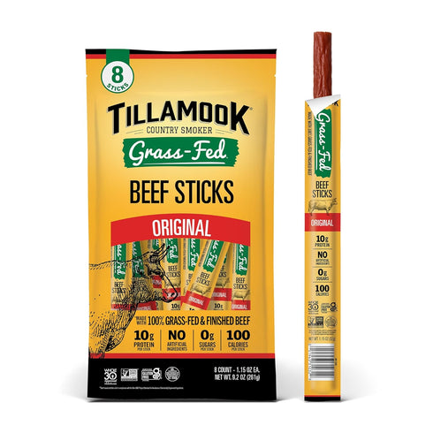 Tillamook Country Smoker 100% Grass Fed Beef Sticks, Zero Sugar, Original, 1.15