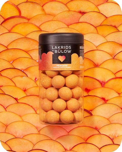 10.4 oz LAKRIDS BY BLOW - Peaches - - Chocolate Coated Gourmet Licorice - Sweet Licorice Core Coated in White Chocolate