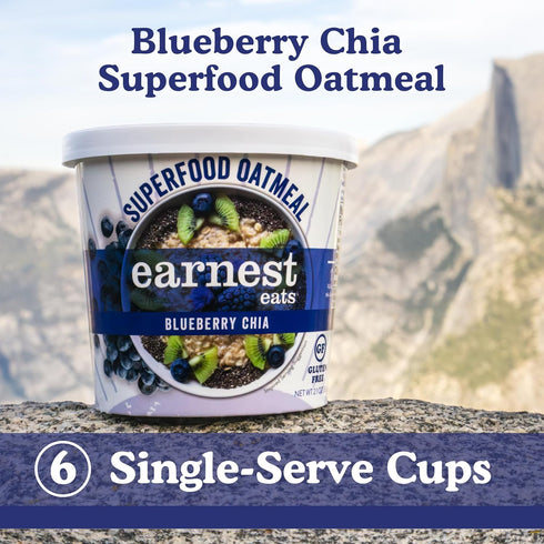 6g 2.1 (6 Pack) Earnest Eats Superfood Oatmeal Cups - Blueberry Chia Plant Protein, Gluten Free, Vegan, On-the-Go