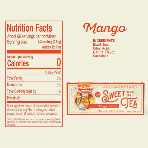 22 Pack 6 Southern Breeze Hot Brew Sweet Tea Mango Iced Tea with Black Tea and Zero Carbs Zero Sugar, Family Size Tea