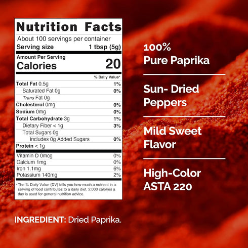 1.1 LB (500g) 220, 100% Snackathon Sweet Paprika Powder, Resealable Bulk Bag, High Color ASTA Vibrant Red, Mild