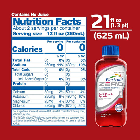 21 Oz (Pack 12) Electrolit Zero, Electrolyte Beverage, Fruit Punch Splash, Fl bottle