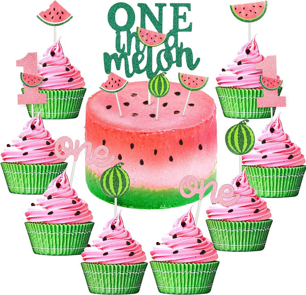Set of 27 Glitter Watermelon Cake Cupcake Toppers, One in a Melon Birthday Party Decor, Kids Party Supplies for Baby
