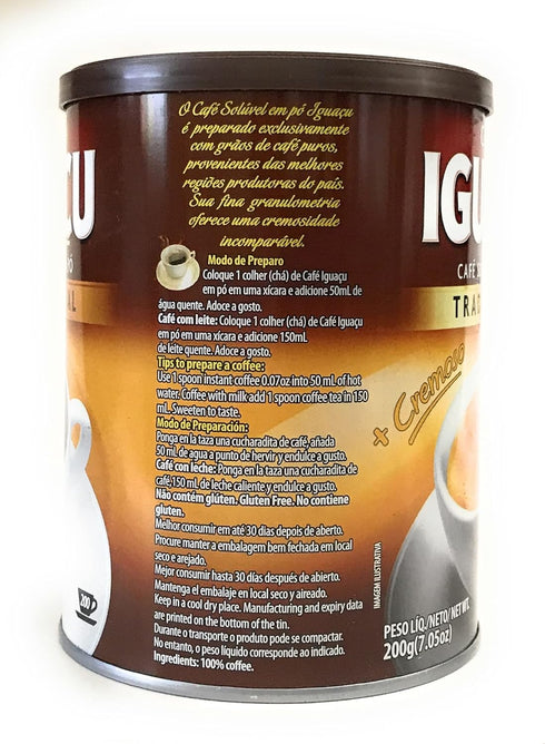 Cafe Iguacu 200 Tradicional Instant Brazilian Coffee, Can grams