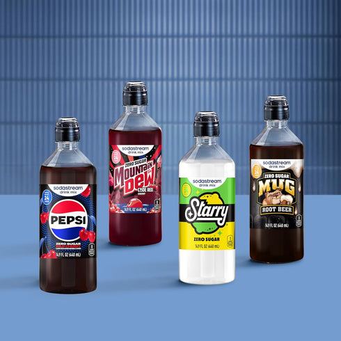 Pack 440ml (Pack 4) SodaStream Pepsi Wild Cherry Zero, MTN Dew Code Red Zero, Starry Zero & Mug Root Zero New Pour
