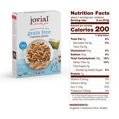 8 Oz, 1 Pack Jovial Grain-Free Cassava Penne Rigate - Penne Pasta Noodles, Cassava Pasta, Penne Pasta Organic, Paleo