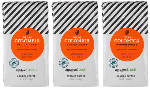 Amazon Fresh 12 (Pack 3) Decaf Colombia Ground Coffee, Medium Roast, Ounce