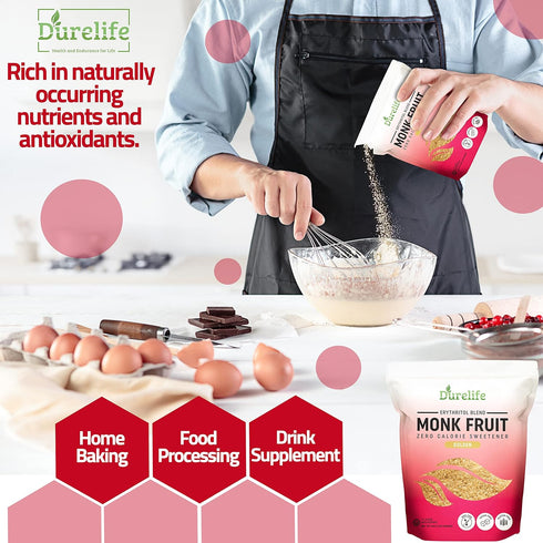 1:1 3 lb (Packaging Durelife Golden Monk Fruit Sweetener, Sugar Replacement, Keto Diet Friendly, Zero Calorie, Kosher