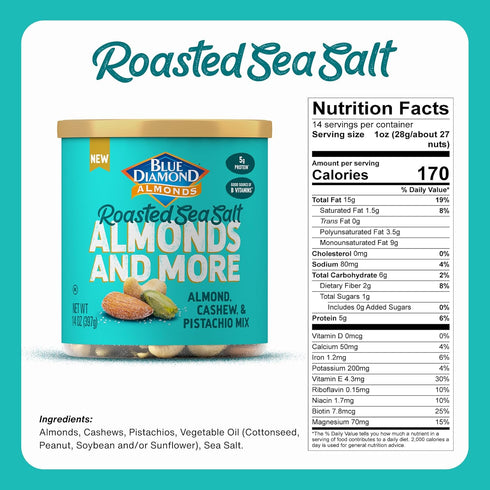 14oz. (Pack 1) Blue Diamond Almonds, Mixed Nuts Roasted Sea Salt Deluxe Snack Nuts, Almonds, Pistachios, and Cashews