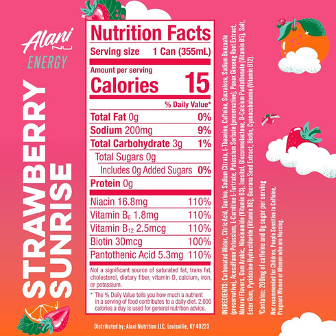 200mg 10 12 Oz 12 Pack Alani Nu STRAWBERRY SUNRISE Sugar Free, Low Calorie Energy Drinks, Caffeine, Biotin B Vitamins