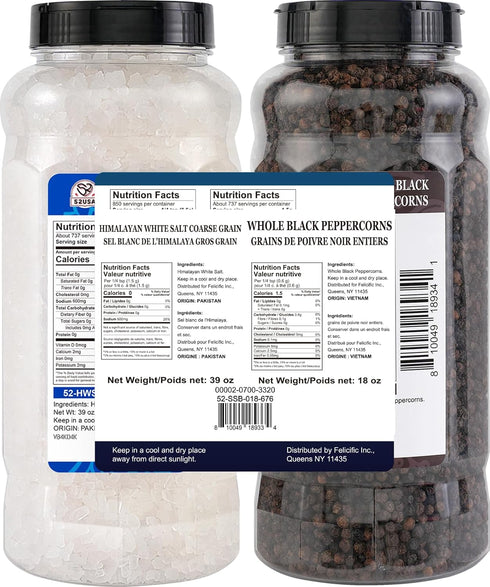 52USA 39 oz 18 oz, Himalayan White Salt (Coarse Grain) + Whole Black Peppercorns Salt and Pepper Grinder, Black