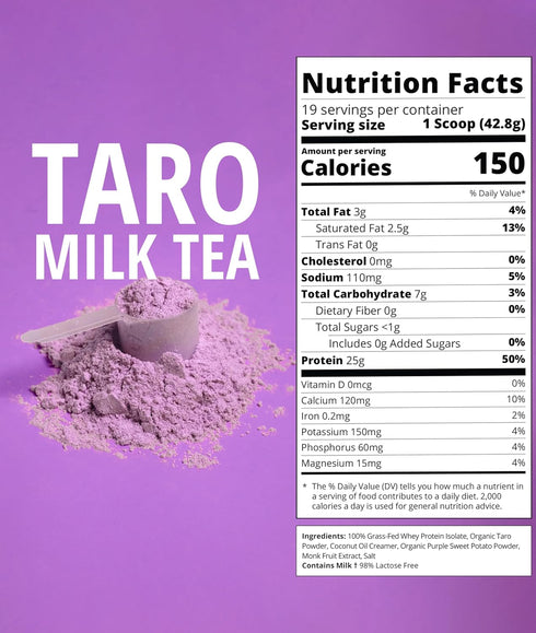 25g 19 Taro Milk Tea | Grass-Fed Whey Protein Isolate Powder | Gluten-Free & Soy-Free Bubble Tea Protein Drink | Real