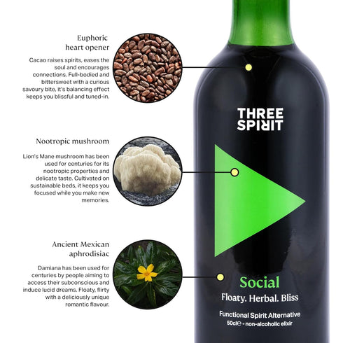 50cl Three Spirit Non-Alcoholic Alternative Spirit - The Social, | Adaptogens, Cacao, Damiana & Lion's Mane | Active