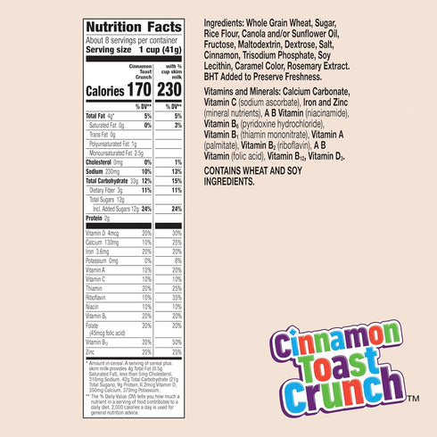 12 oz Cinnamon Toast Crunch Breakfast Cereal, Crispy Cinnamon Cereal