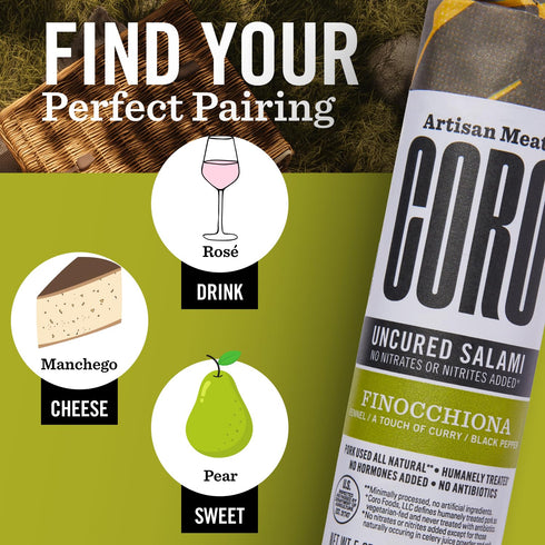 5oz Coro Uncured Finocchiona Artisan Salami Stick | Fennel, Black Pepper & Curry | Perfect for Charcuterie Boards