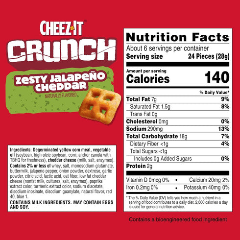 (6 Cheez-It Crunch Cheesy Baked Snacks, Lunch Snacks, Zesty Jalapeno Cheddar Bags)