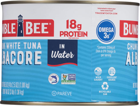 Albacore 66.5 oz 20g Omega-3s Bumble Bee Chunk White Tuna in Water, Bulk Food Service Can - Wild Caught Tuna - Protein