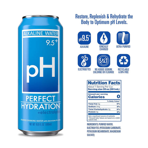 9.5+ 16.9 oz Pack 24 Perfect Hydration ph Alkaline Water, Electrolyte Minerals for Taste, Made in the USA, Recyclable